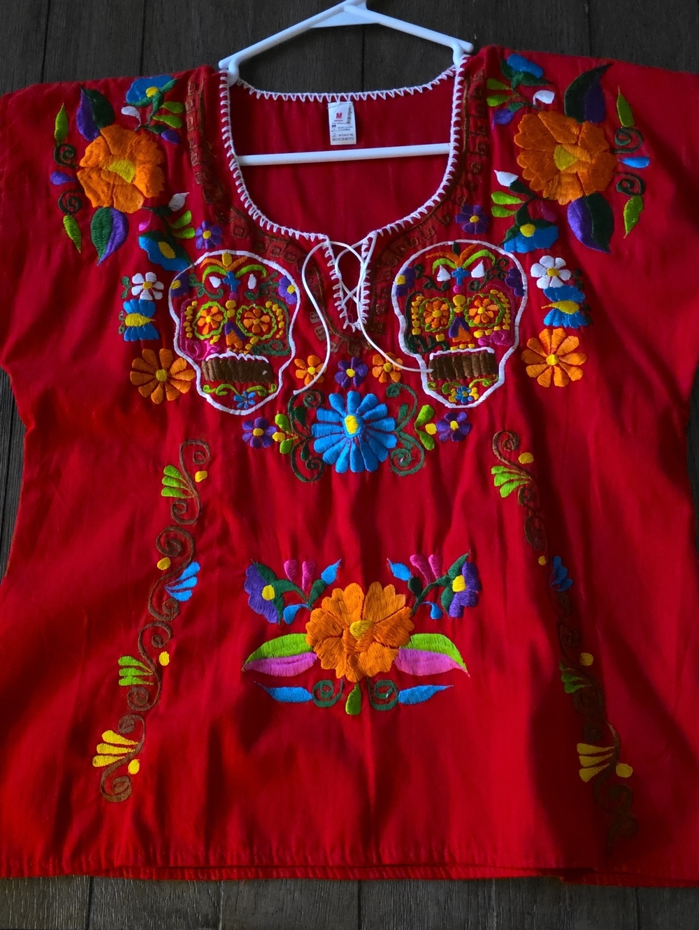 Pink Mexican Embroidered Top with Colorful Floral & Sugar Skull Motif